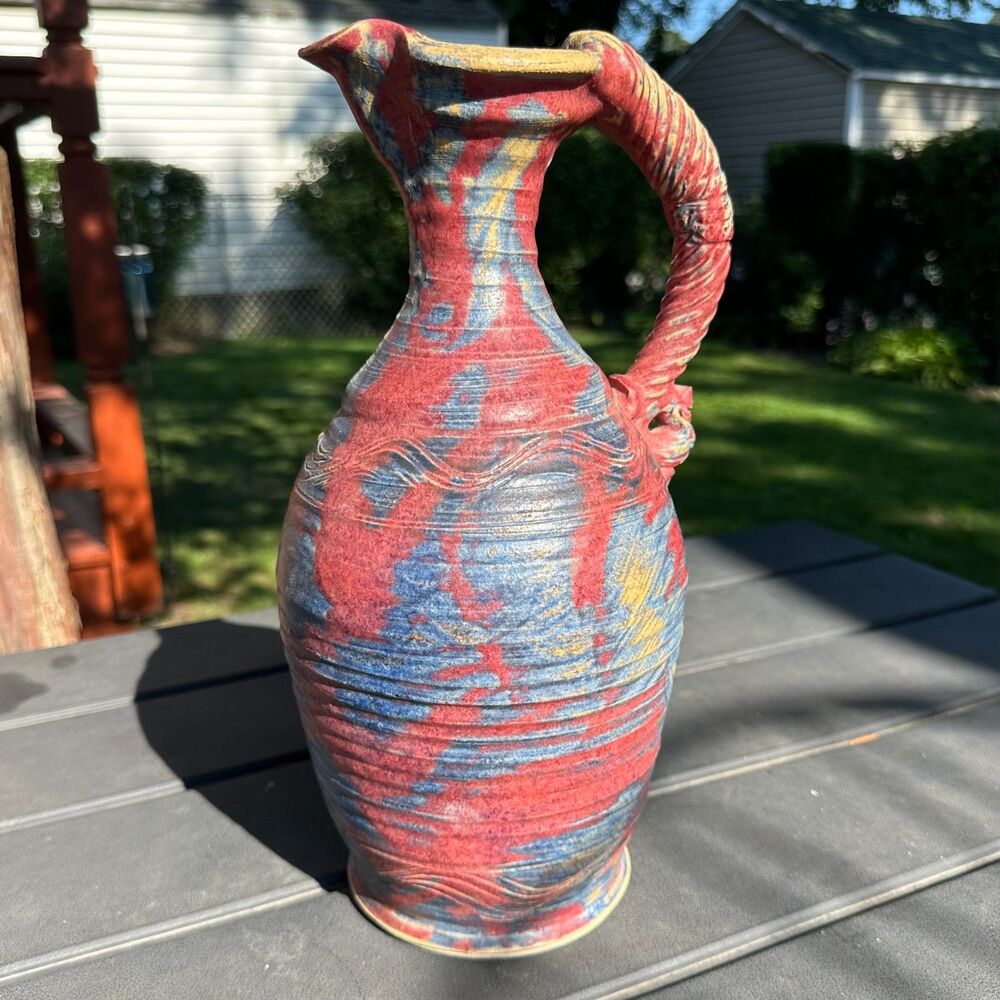 Michael Kennedy Ceramics Multicolor Pottery Jug Vase 12" Tall Marked Signed
